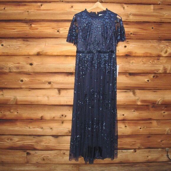 MAC DUGGAL 9192 Sequined High Neck Flutter Sleeve A Line Gown Blue 12 - Picture 6 of 15